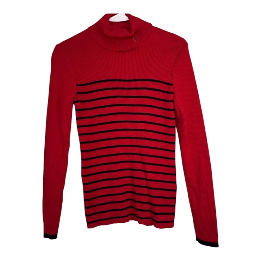 Lauren Ralph Lauren Red Black Striped Ribbed Turtleneck Cotton Sweater Womens M